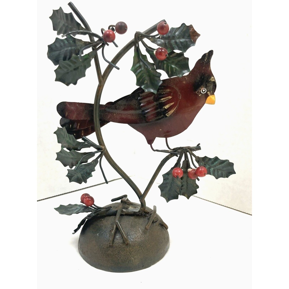 Vintage Metal‎ Winter Cardinal and Holly Leaves Cast Iron Base Figure 7" Tall
